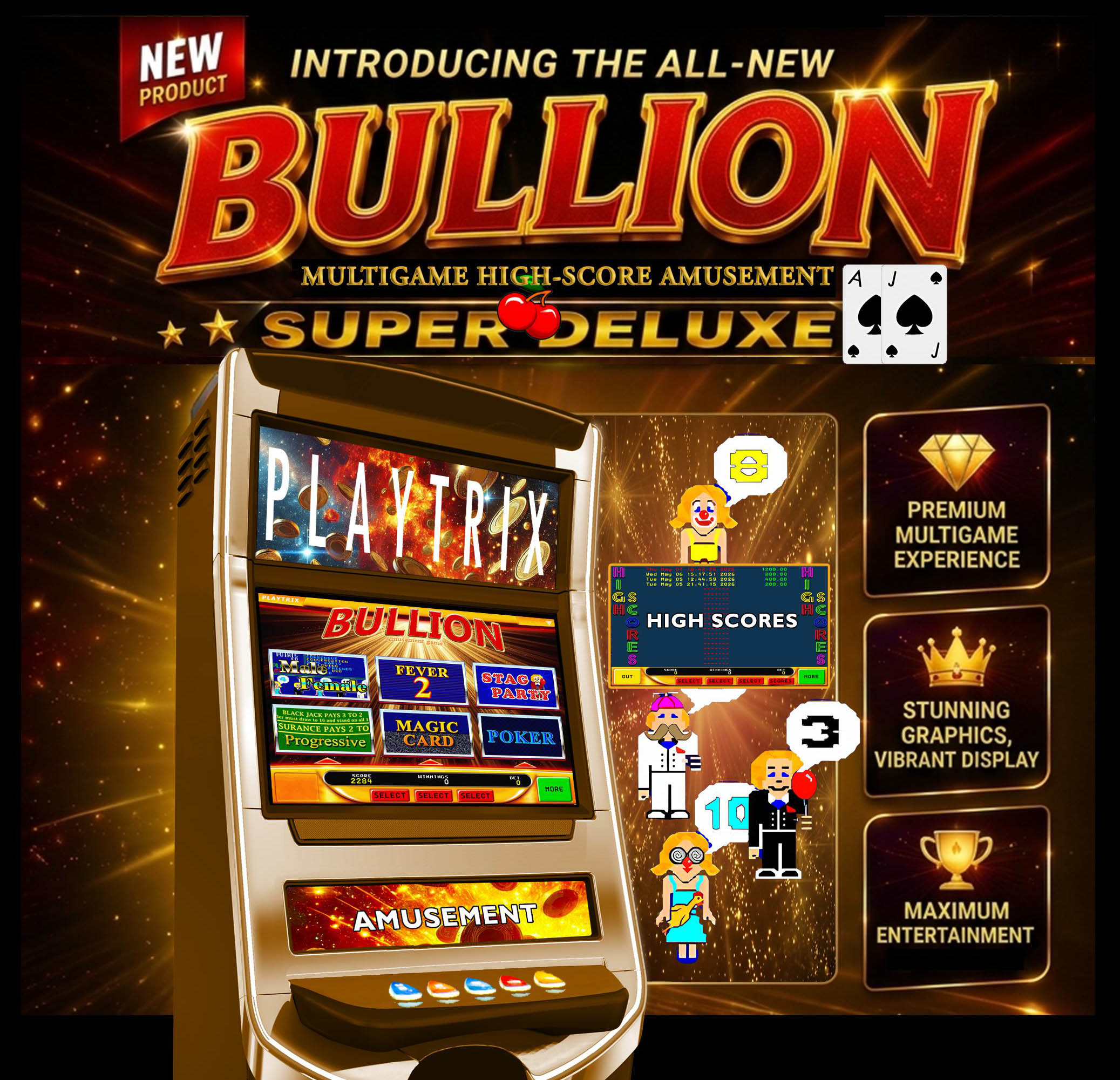 Introducing the all-new BULLION — Playtrix multigame high-score amusement, Super Deluxe